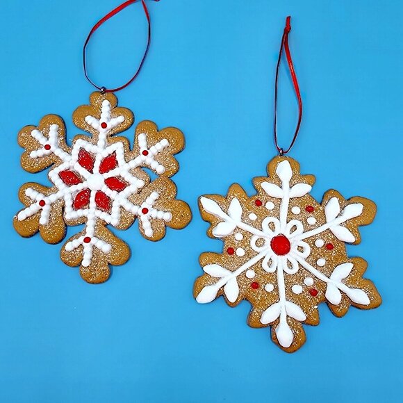 Gingerbread Snowflake Faux Frosted Cookie Ornaments Set Of 2 Fake Bake [v1 - Picture 2 of 7